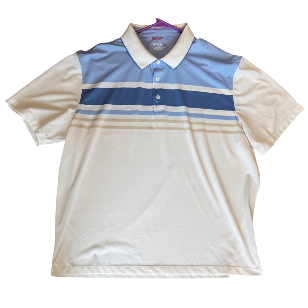UNTUCKit Bailey Mens XXL White Blue Striped Performance Polo Shirt 40496